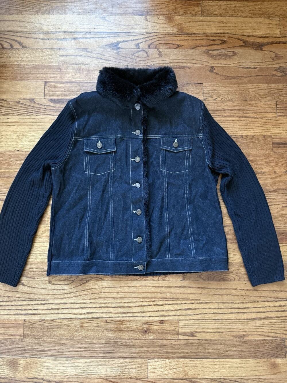 Vintage Carolyn Taylor Denim Knit Faux Fur Collar Jacket Cardigan XL/XG